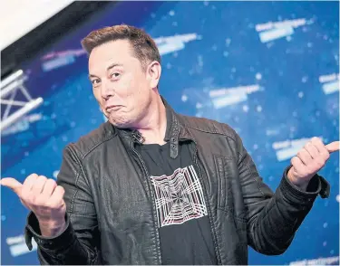  ?? BRITTA PEDERSEN GETTY IMAGES FILE PHOTO ?? Elon Musk took to social media last week to double-down on Tesla’s $1.5-billion investment into bitcoin this month, but a professor of finance at the University of Toronto says in reality, the currency has no value whatsoever.