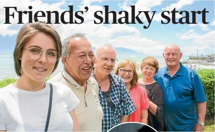  ??  ?? Kaikoura earthquake survivors. from left, Celeste Sharplin, Dick White, Paul Foskett and Doug Thom, with partners Gillian Chuter, Judy Thom. (Inset) Sharplin has a 7.8 tattoo in memory of the earthquake.