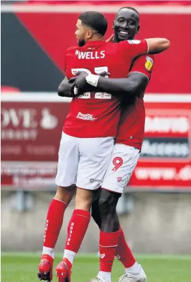  ?? Picture: Michael Steele/Getty ?? Bristol City’s Famara Diedhiou celebrates scoring against Hull at Ashton Gate with Nahki Wells