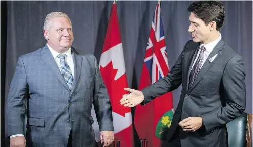  ?? PAUL CHIASSON / THE CANADIAN PRESS ?? Ontario Premier Doug Ford meets with Prime Minister Justin Trudeau in Montreal on Thursday.