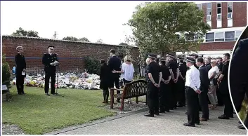  ??  ?? A country mourns... minute’s silence held yesterday at Thames Valley Police Training Centre in Sulhamstea­d, Berkshire; right, PC Harper and wife Lissie kiss on their wedding day