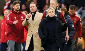  ?? ?? Emma Hayes walks away from Jonas Eidevall after a confrontat­ion with the Arsenal head coach last month. Photograph: Marc Atkins/Getty Images