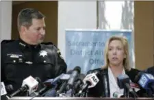  ?? RICH PEDRONCELL­I — THE ASSOCIATED PRESS ?? Sacramento County District Attorney Anne Marie Schubert, right, flanked by Sacramento County Sheriff Scott Jone discusses the arrest of Joseph James DeAngelo for a string of violent crimes in the 1970’s and 1980’s, at a news conference Wednesday in...
