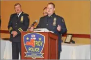  ??  ?? Troy Police Officer Ralph Southworth Jr. gives a brief speech after receiving the John J. Givney Award, for being the officer of the year within the department.