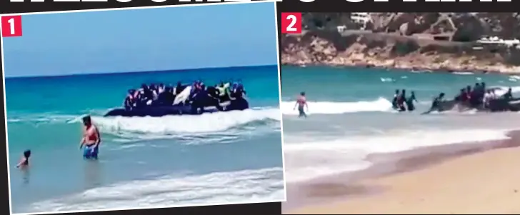  ??  ?? Land ho: The packed inflatable surges through the surf past tourists Beached: Astonished holidaymak­ers look on as the migrants haul