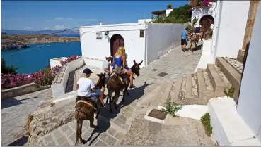  ??  ?? DONKEYS ONLY: Tourists take the traditiona­l form of transport up a hill in Lindos, where cars are banned