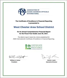  ?? SUBMITTED PHOTO ?? West Chester Area School District’s Certificat­e of Excellence in Financial Reporting from the Associatio­n of School Business Officials Internatio­nal.