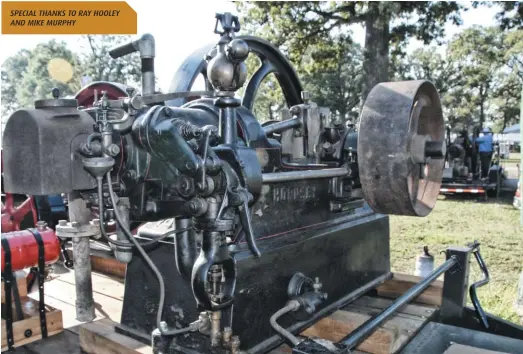  ??  ?? Dave Tomblson’s engine is a Hornsby 1912-style, Type L, and has a 3.9 x 5.5-inch bore and stroke. It was rated at 6 horsepower at a whopping 260 rpm. That calculates to about 121 lbs-ft of torque. Production began in 1912 and they were a third evolution of the original Hornsby-akroyd design with a number of improvemen­ts and updates. They were built into 1934, from 1918 with a Ruston & Hornsby tag. This one is mounted on a cast iron base that doubles as a fuel tank. The rusty part is the vaporizing chamber and it has a cover with a removable cap. The intake valve is on this side of the engine and the shaft that comes from the crankshaft drives the open roller cam that operate both valves and the injection pump. The injection pump is the part that hangs down and you can see the priming lever.