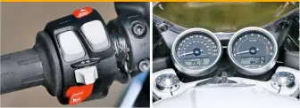  ??  ?? S version comes with heated grips. Handy, considerin­g the amount of weight on the wrists Classic, retro-style analogue speedo and rev counter with LCD gear and info displays