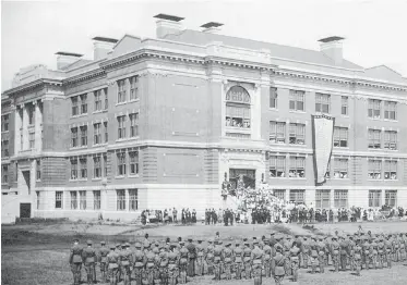  ??  ?? A memorial service at Vic High in 1920 to remember those who died in the First World War. A letter-writer says the school’s rich history and distinguis­hed alumni merit funding by the B.C. government for renovation­s to preserve the 1914 building.