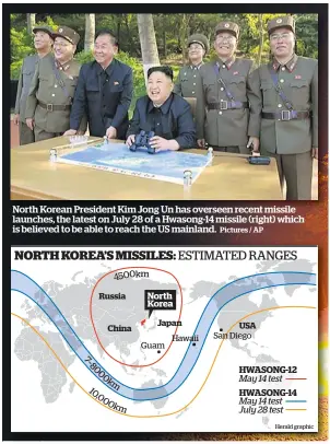  ?? Pictures / AP ?? North Korean President Kim Jong Un has overseen recent missile launches, the latest on July 28 of a Hwasong-14 missile (right) which is believed to be able to reach the US mainland.