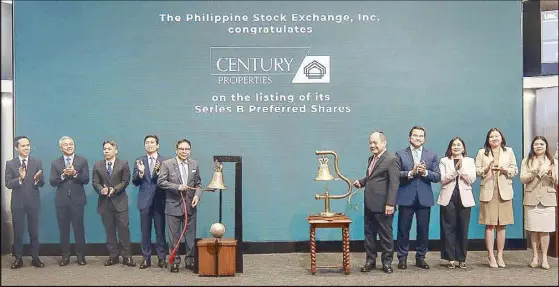  ?? ?? CPG RAISES P2 B FROM SHARE OFFER: Century Properties raised P2 billion from the listing of its Series B preferred shares on the Philippine Stock Exchange. Present during the listing ceremony at the PSE are (from left) China Bank Capital Corp. managing director and head of execution Juan Paolo Colet, China Bank Capital Corp. president Ryan Tapia, CPG managing director Jose Carlo Antonio, CPG president and CEO Jose Marco Antonio, CPG executive chairman Jose E.B. Antonio, PSE president and CEO Ramon Monzon, PSE COO Roel Refran, PSE corporate secretary Aissa Encarnacio­n, PSE Issuer Regulation Division head Marigel Baniqued-Garcia and PSE general counsel Veronica del Rosario.