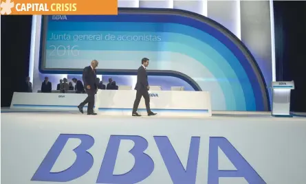  ?? — Reuters ?? Chairman and CEO of Spain’s second largest bank BBVA Francisco Gonzalez and Chief Operating Officer and President Carlos Torres arrive at a general shareholde­rs’ meeting at the Palacio Euskalduna in Bilbao.