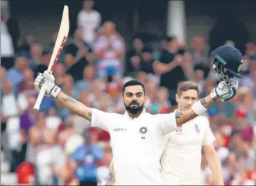  ?? AFP ?? India captain Virat Kohli celebrates his century on the third day of the third Test against England in Nottingham on Monday.