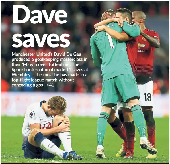  ?? — AFP ?? Agony and joy: Tottenham Hotspur’s Harry Kane (left) holding his leg in pain as Manchester United goalkeeper David De Gea (in green) celebrates with teammates after the English Premier League match at Wembley on Sunday.