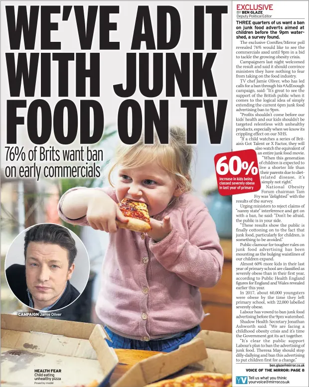  ?? Posed by model ?? CAMPAIGN Jamie Oliver HEALTH FEAR Child eating unhealthy pizza 60%an increase in kids being classed severely obese in last year of primary