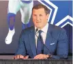  ?? RICHARD RODRIGUEZ/AP ?? Jason Witten, seen here announcing his retirement, returns to Dallas today as a Monday Night Football TV analyst.