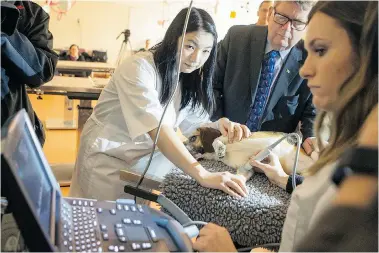  ?? GORD WALDNER/The StarPhoeni­x ?? U of S veterinary students Chuyuan Zhang, left, and Jen Briens with federal minister Ed Holder demonstrat­e a new
ultrasound machine, purchased with a Canadian Foundation for Innovation grant, on Toffee the beagle, Tuesday.