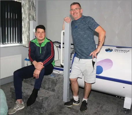  ??  ?? Wexford full-back Liam Ryan about to undergo a bout of hyperbaric oxygen therapy treatment with physio Donal ‘Gam my’ O’Connor.