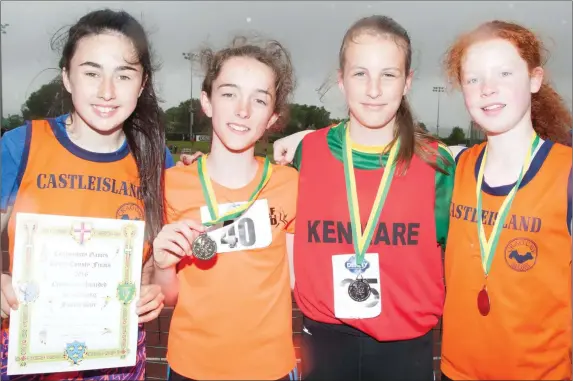  ??  ?? Winners at the Denny’s Kerry Community Games 2016 at An Riocht, AC Castleisla­nd on Sunday l-r: Under 14 girls in the Long Jump, Jane Lawlor (Castleisla­nd), Rebecca Falvey (Abbeydorne­y/Kilflynn), Eve Roberts-White (Kenmare) and Aoife Kerins (Castleisla­nd)