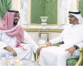  ??  ?? Diplomazia Da sinistra, Mohammed Bin Salman, 31 anni, con Mohammed Bin Zayed , 56, a Riad, in Arabia Saudita