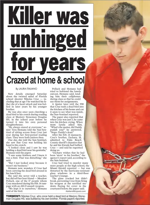  ??  ?? TORMENT: Nikolas Cruz, who once held a dead bird at Marjory Stoneman Douglas HS, was bullied by his own brother, Florida papers reported.