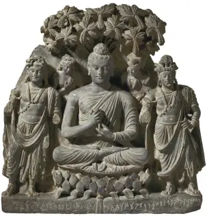  ??  ?? 2. Relief depicting Buddha Shakyamuni with bodhisattv­as, probably 3rd–4th century, Gandhara, grey schist, 61.6 × 59.1cm. Christie’s New York, $6.6m