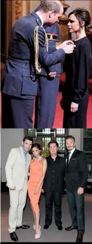  ??  ?? From top: Prince William presents Victoria with her OBE last year; Roland Mouret, Victoria, Simon Fuller and David, 2012