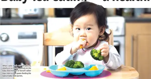  ??  ?? When solid foods are introduced, ideally at six months, parents let the baby feed himself or herself rather than mom or dad spoon-feeding the typical baby food purees.