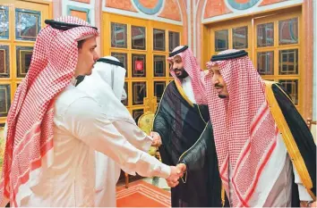  ?? AFP ?? Saudi King Salman, his son Crown Prince Mohammad Bin Salman, meeting with family members of slain journalist Jamal Khashoggi in Riyadh. The Saudi rulers met with Khashoggi’s son Salah and brother Sahel at the royal palace, state-run news agency SPA reported.