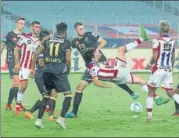  ?? ISL ?? Action from the Indian Super League game between ATK and Kerala Blasters FC played in February 2018.