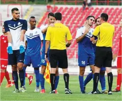  ?? (CSKA Sofia website) ?? ASHDOD SC players (in blue) were unhappy with the officiatin­g staff even before matters got completely out of hand in Monday’s pre-season match against CSKA Sofia in Bulgaria.