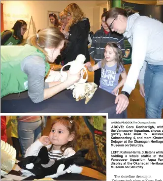  ?? ANDREA PEACOCK/The Okanagan Sunday ?? ABOVE: Cora Denhartigh, with the Vancouver Aquarium, shows a grizzly bear skull to Ainslee Kalmanczhe­y, 4, and mom Kirsten Dejager at the Okanagan Heritage Museum on Saturday. LEFT: Kiahna Harris, 3, listens while holding a whale stuffie at the Vancouver Aquarium Aqua Van display at the Okanagan Heritage Museum on Saturday.