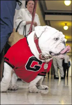  ?? AJC 2002 ?? Uga VI walks down the hallway in the Russell Office Building in Washington en route to the Congressio­nal Appreciati­on Reception for Georgia congressme­n and members of Congress who graduated from UGA and staffers who are UGA grads.