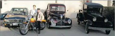  ??  ?? Carolyn and John Stinn pose with the toys they keep for cruising near their home in Tucson, Ariz. ( left to right): a 1989 Mercedes- Benz 560SL, a custom motorcycle, a customized 1941 Ford pickup and 1929 Ford Model A pickup.