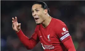  ?? Photograph: Simon Stacpoole/Offside/Getty Images ?? Virgil van Dijk makes a point during Liverpool’s 2-0 win against Wolves. He says he is working hard to regain his consistenc­y.