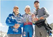  ??  ?? Mikaela Shiffrin poses with her parents, Eileen, left, and Jeff, in Aspen after the World Cup finals in March 2017. Shiffrin has 66 victories on the World Cup circuit.