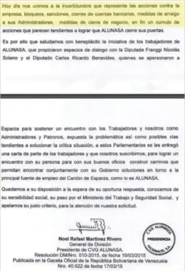  ?? LA NACIÓN ?? Reproducci­ón de la carta enviada por el general Noel Martínez, en la cual reconoce los serios problemas que afronta Alunasa.