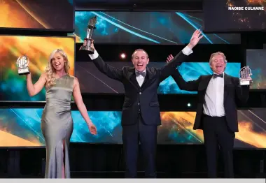  ?? NAOISE CULHANE ?? Brian O’Sullivan (centre), founder and chief executive of Zeus Packaging, has been named EY Entreprene­ur of the Year 2021. The group employs c.670 people, with a turnover of over €300m. David Henderson of Tobermore won the Industry category, and Aimee Connolly of Sculpted by Aimee won the Emerging category.