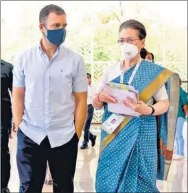  ?? ANI ?? Congress interim president Sonia Gandhi with party leader Rahul Gandhi arriving at the concluding session of the party's Nav Sankalp Chintan Shivir, in Udaipur on Sunday.