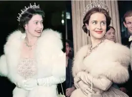  ??  ?? La regina Elisabetta II (sotto a sinistra, in una foto del 1967), oggi 90 anni, e l’attrice inglese Claire Foy, 32, che la interpreta nella serie tv The Crown.