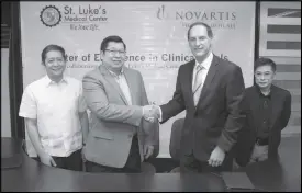  ??  ?? Photo shows (from left) doctors Francis Domingo, chief scientific officer, Novartis; Edgardo Cortez, president and chief executive officer, SLMC; Nikolaos Tripodis, president and managing director, Novartis; and Isaac David Ampil II, vice president for...