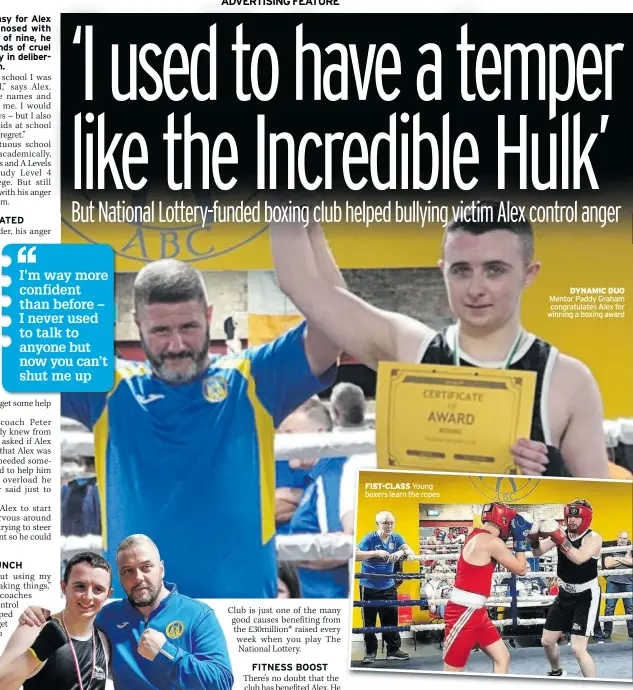  ??  ?? FIST-CLASS Young boxers learn the ropes
DYNAMIC DUO Mentor Paddy Graham congratula­tes Alex for winning a boxing award