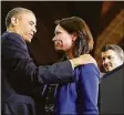  ?? Associated Press file photo ?? President Barack Obama looks at Nicole Hockley and her husband Ian, right, after she introduced him at the University of Hartford in 2013. The Hockleys lost their son in the shooting at Sandy Hook Elementary School in Newtown.