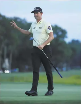  ?? Streeter Lecka / Getty Images ?? Webb Simpson reacts after finishing at 22 under on the 18th green during the final round of the RBC Heritage on Sundy at Harbour Town Golf Links in Hilton Head Island, S.C.