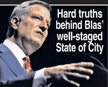  ??  ?? RIDING BIZ COATTAILS: Mayor de Blasio delivers his State of the City Address Monday at the Apollo Theater, where he touted programs made possible by coffers flush from Wall Street.