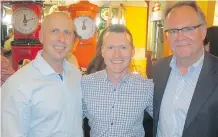  ??  ?? Joining Olympian Kyle Shewfelt, centre, at the Sobeys Better Food Fund Charity Golf Classic registrati­on reception held July 19 at Heritage Park are, Postmedia’s Dean Jager, left, and Coca-Cola’s Scott Lindsay.