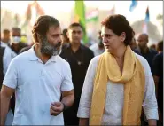  ?? ?? Congress leader Rahul Gandhi interacts with his sister and party General Secretary Priyanka Gandhi Vadra while participat­ing in the party’s Bharat Jodo Yatra, in Khandwa, Madhya Pradesh, on Saturday. ANI