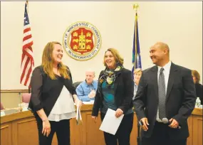  ?? Ben Lambert / Hearst Connecticu­t Media ?? School psychologi­st Cassandra Murphy is recognized Tuesday at a meeting of the Winchester Board of Education.