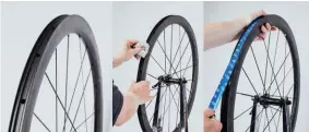  ??  ?? left
If your rim has exposed spokenippl­e holes, you will need a rim strip. Clean the rim with isopropyl alcohol before taping. Make sure you have the correct width of tubeless-specific tape for your rim